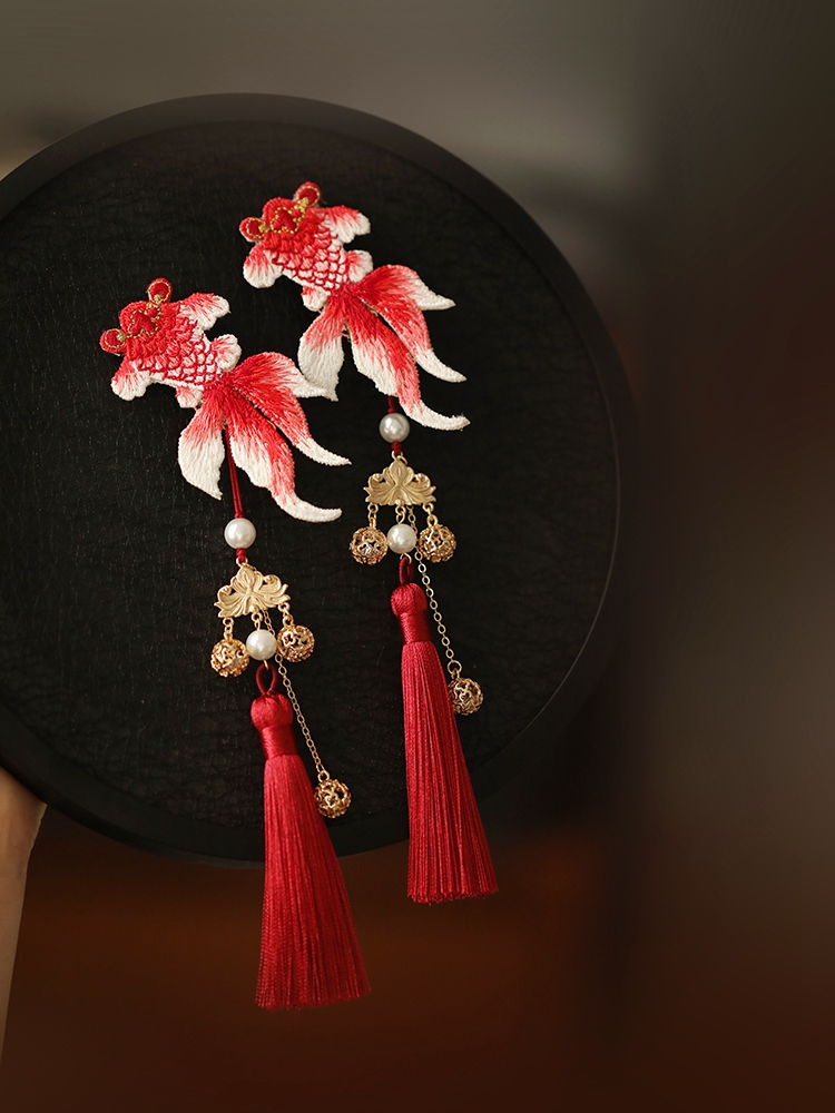 Chinese Style Koi Girl Hair Clip with Tassels - Red Embroidery Ancient Hanfu Side Clip for Kids
