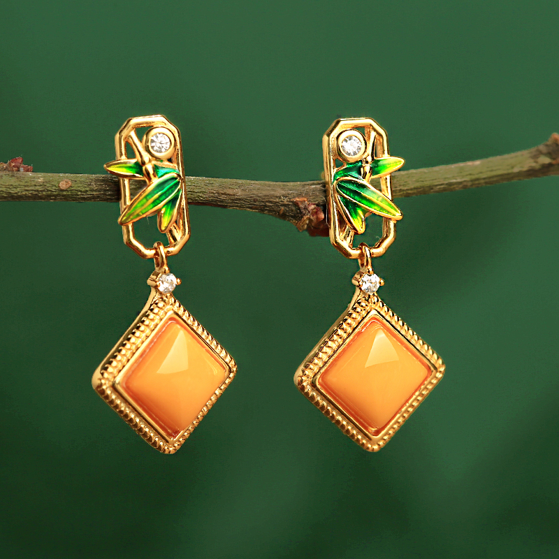 Chinese Style Natural Beeswax Silver Diamond-Shaped Earrings with Jade Inlay and Gold, Metaphysical Wealth-Enhancing Ear Accessories