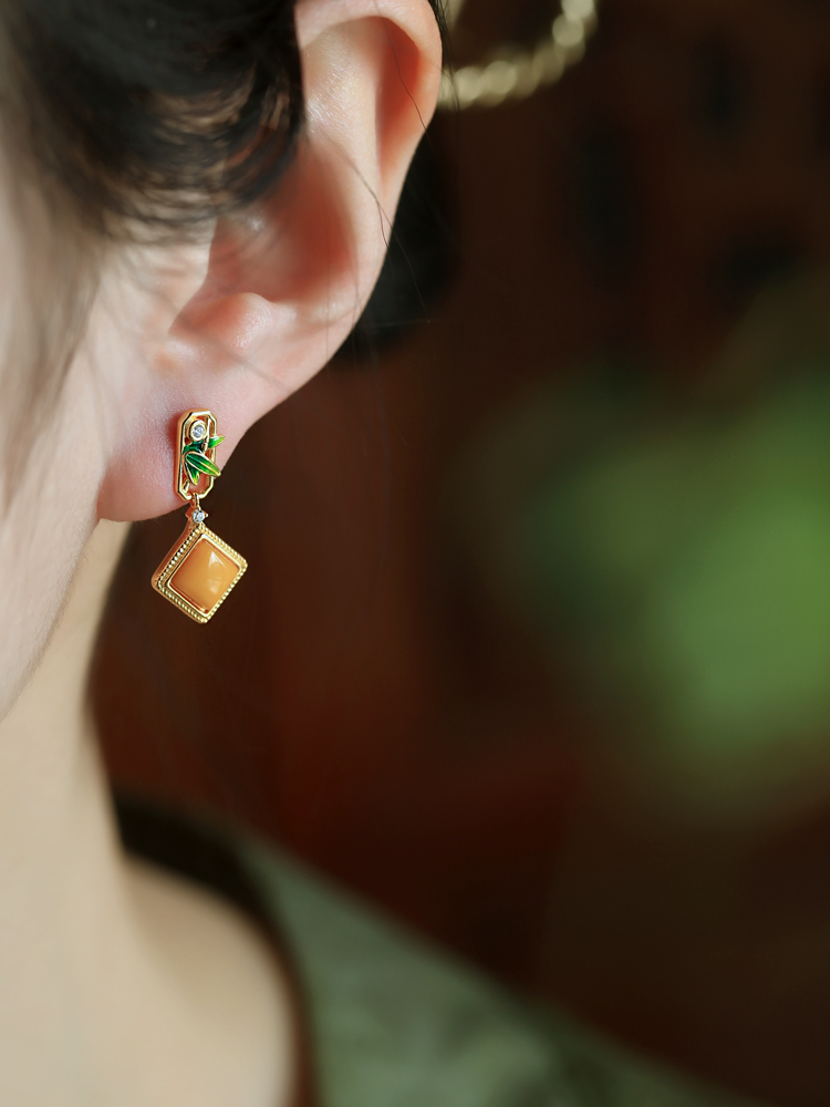 Chinese Style Natural Beeswax Silver Diamond-Shaped Earrings with Jade Inlay and Gold, Metaphysical Wealth-Enhancing Ear Accessories