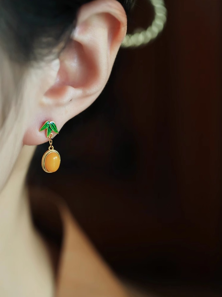 Chinese Style Natural Beeswax Silver Earrings with Bamboo Leaf Enamel and Yellow Jade, Elegant Gold Inlaid Ear Pendants for Women