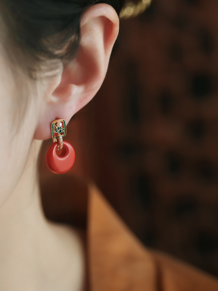 Chinese Style Natural Cinnabar Peace Buckle Silver Earrings for Women, Retro Red Metaphysical Wealth-Enhancing Ear Accessories