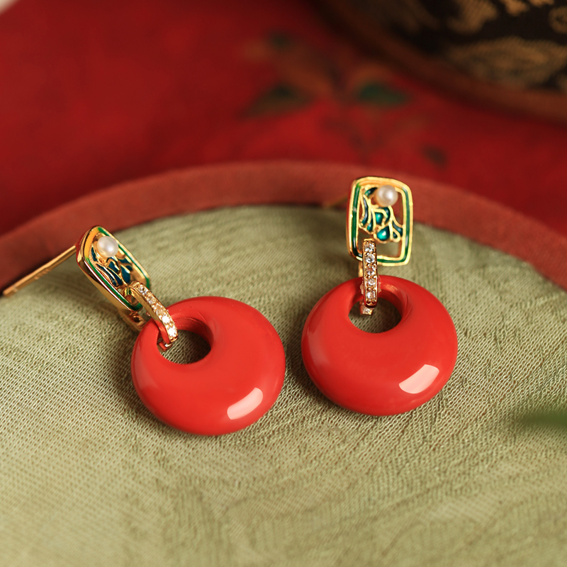 Chinese Style Natural Cinnabar Peace Buckle Silver Earrings for Women, Retro Red Metaphysical Wealth-Enhancing Ear Accessories