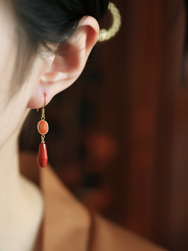 Chinese Style Natural Cinnabar Pure Silver Earrings with Five Scriptures for Women - Red Zodiac Year Ear Accessories