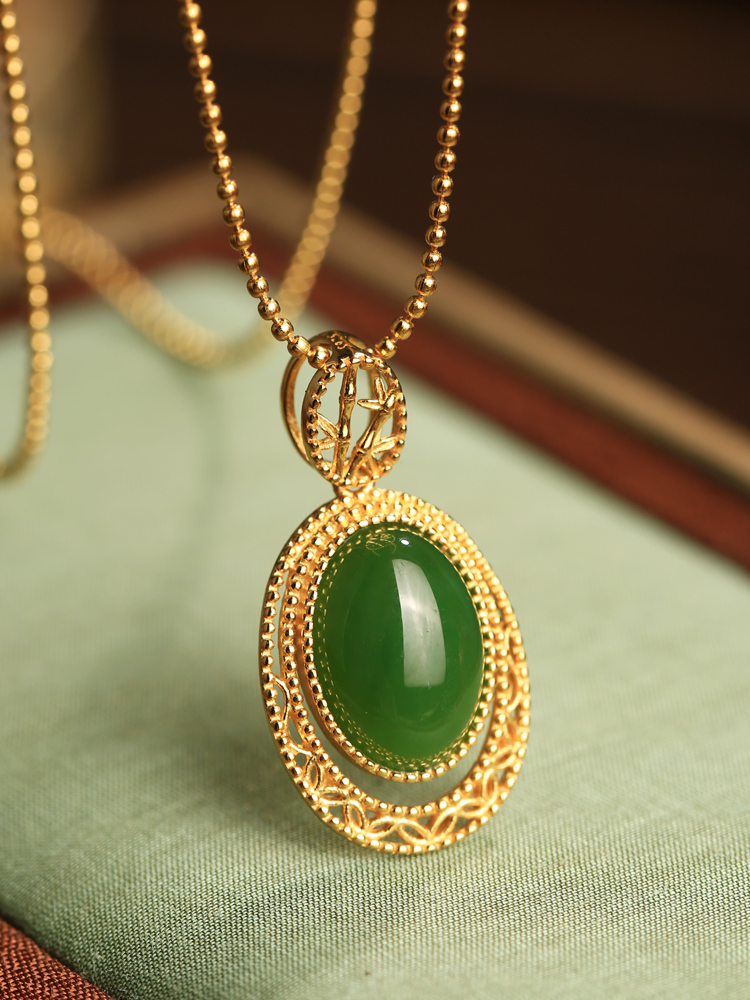 Chinese Style Natural Hetian Jade Green Water Droplet Pendant Necklace with Silver Peace Buckle and Gold Inlaid Design for Women