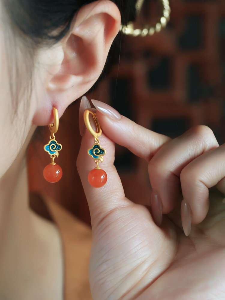 Chinese Style Natural Red Agate Pure Silver Auspicious Cloud Earrings for Women - Enamel Color Birth Year Pendants