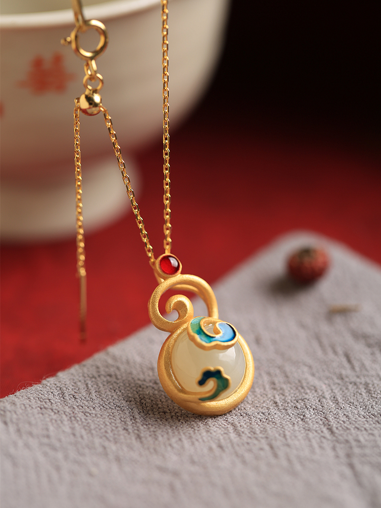 Chinese Style Pure Silver Enamel Gourd Pendant Necklace with Jade Clavicle Chain for Women - National Wind Design