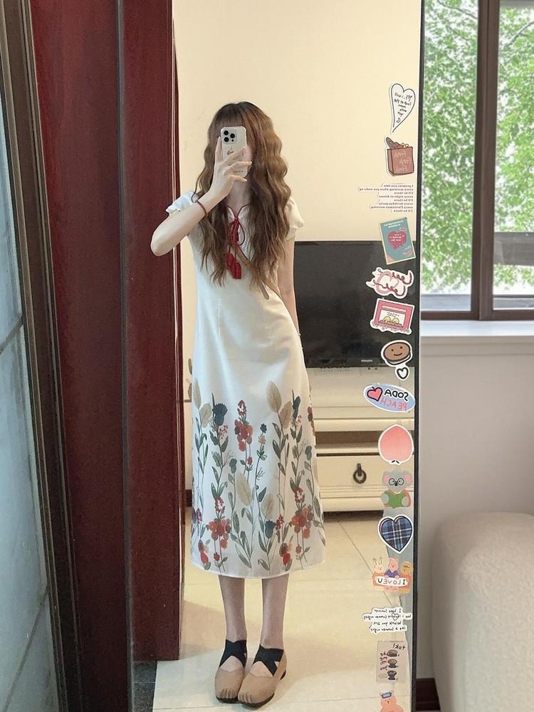 Chinese-Style Qipao Dress for Women, Vintage French Design, Niche Gentle Long Skirt for Summer, Elegant 90s Aesthetic