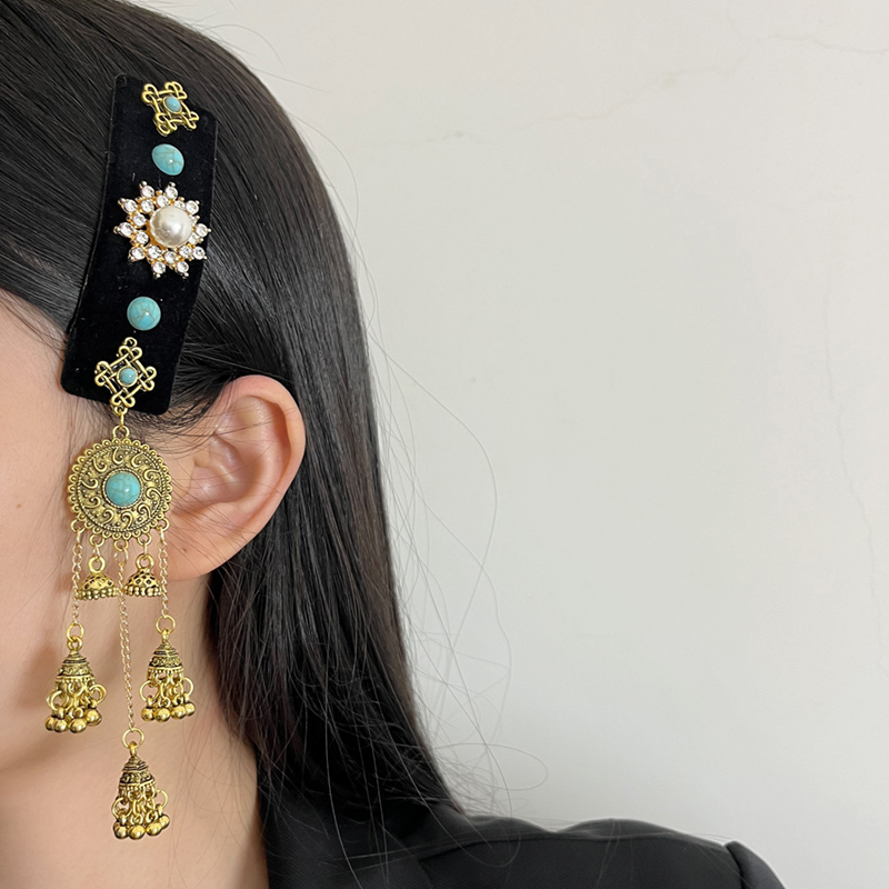 Chinese-Style Retro Turquoise Pagoda Long Tassel Hairpin Ethnic Bangs Clip with Mongolian Elements - Travel Headdress Accessory