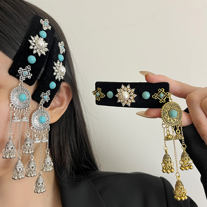 Chinese-Style Retro Turquoise Pagoda Long Tassel Hairpin Ethnic Bangs Clip with Mongolian Elements - Travel Headdress Accessory