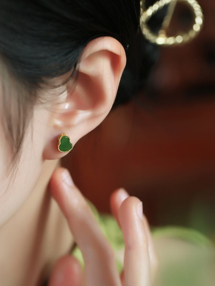 Chinese Style Silver Gourd Earrings with Raw Jade and Jadeite Stones - Elegant Green Stone Jewelry for Women