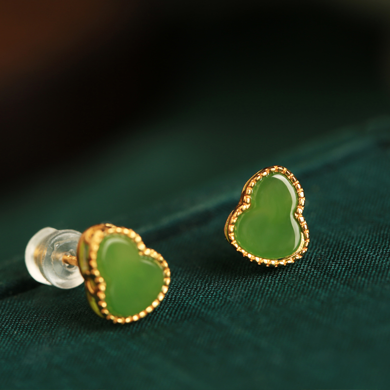 Chinese Style Silver Gourd Earrings with Raw Jade and Jadeite Stones - Elegant Green Stone Jewelry for Women