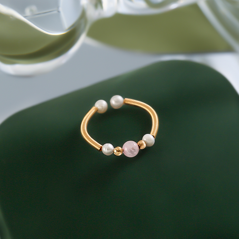 Chinese-Style Strawberry Crystal Pearl Handmade Ring for Women, Adjustable Open Finger Design, Light Luxury High-End Feel