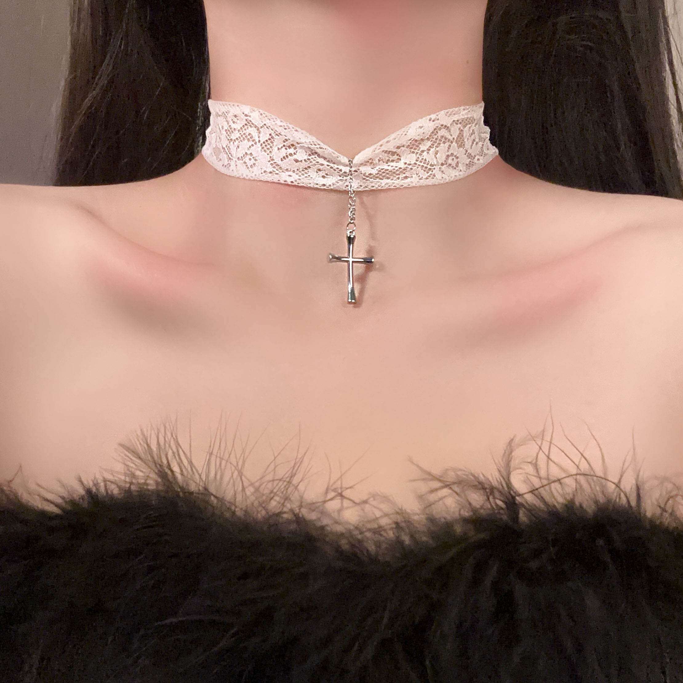 Choker Lace Cross Pendant Necklace - Spicy Girl Clavicle Chain, Sweet Cool Accessory for Fairy Style & Y2K Fashion