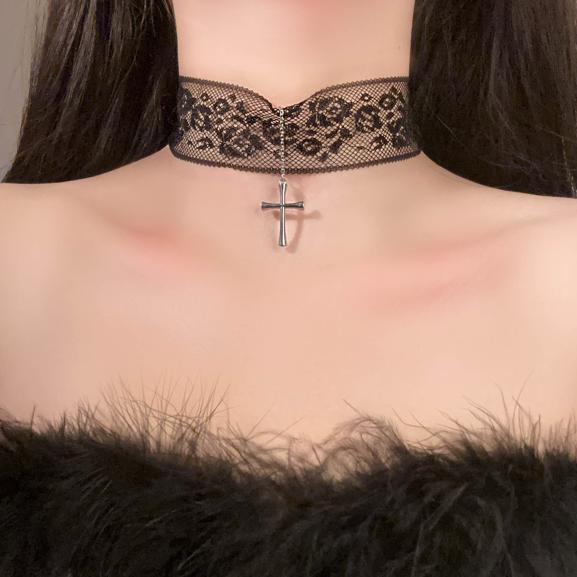 Choker Lace Cross Pendant Necklace - Spicy Girl Clavicle Chain, Sweet Cool Accessory for Fairy Style & Y2K Fashion