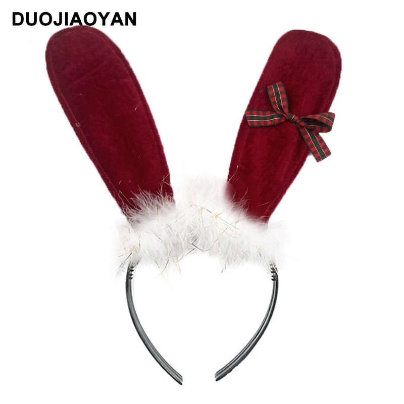 Christmas Bunny Girl Cosplay Headband with Plush Red Bow, Cute Lace Hair Accessory for Holiday Parties