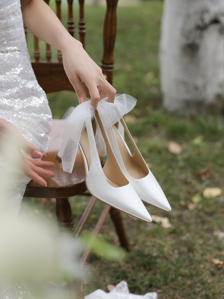 Chunky Heel Bridal Gown Wedding Shoes in French Satin with Bow Design - Comfortable High-End Style for Everyday Wear