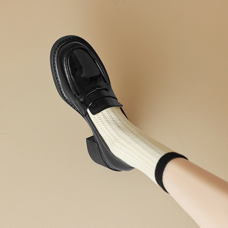 Chunky Heel British Style Thick-Soled Leather Loafers for Women, Mid-Heel Patent Flats in Size 40-43, Trendy Fashion Footwear
