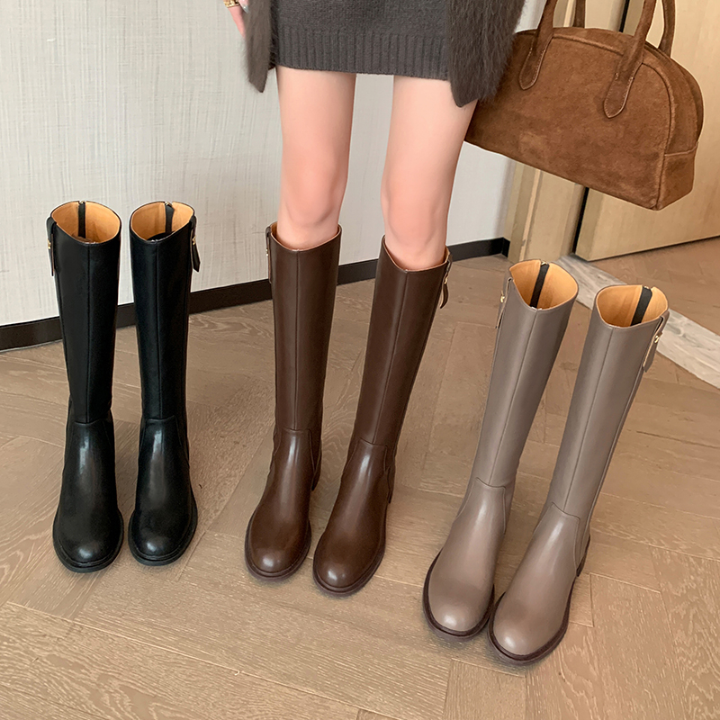 Chunky-Heeled Round-Toe Genuine Leather Riding Boots with Metal Buckle - Women's High Slim Long Boots for Autumn/Winter 2025