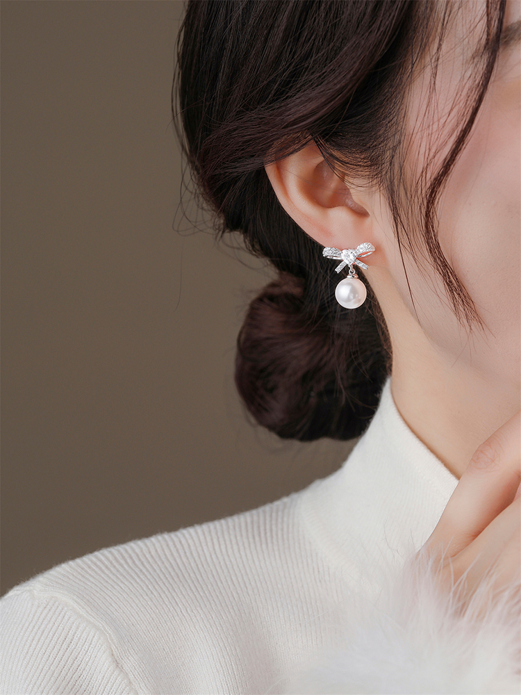 Classy Bow Pearl Earrings for Women, High-End Silver Accessories, Elegant Design for Formal and Casual Wear