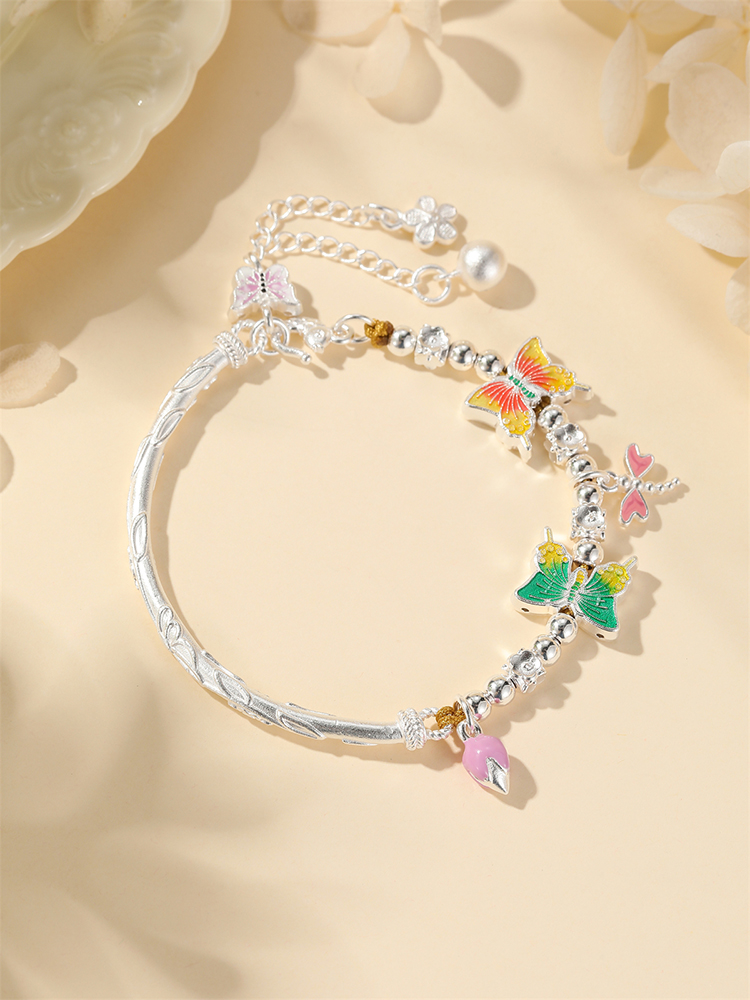 Classy Chinese-Style Enamel Butterfly Bracelet for Women, 925 Sterling Silver Bangle, Elegant Hand Accessory
