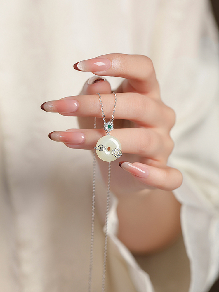 Classy Natural Hetian Jade Peace Buckle Necklace for Women with Blue and White Porcelain and Silver Collarbone Chain, Elegant Jewelry