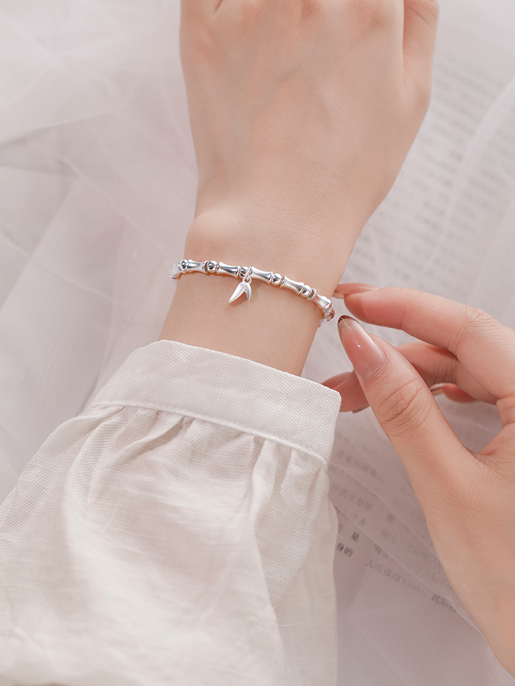 Classy S925 Pure Silver Bamboo Joint Lucky Bead Bracelet - Women's Light Luxury Hand Accessory