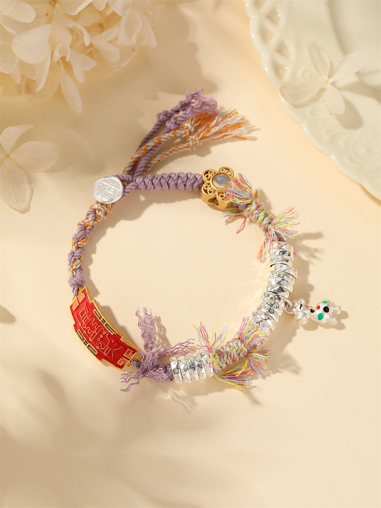 Classy S925 Pure Silver Fortune Pendant Bracelet for Women - Chinese Style Colorful Hand Rope Jewelry