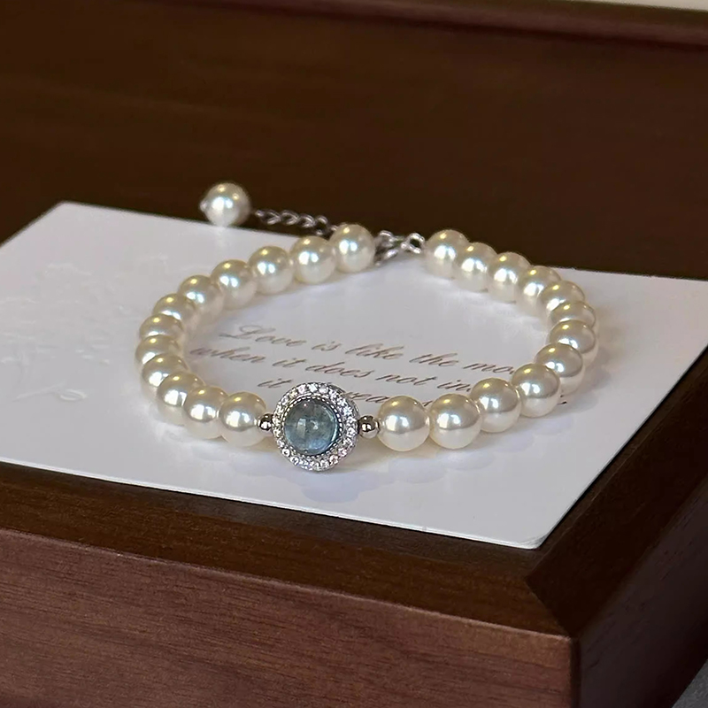 Classy S925 Silver Pearl Aquamarine Bracelet for Women - Elegant Light Luxury Wrist Accessory