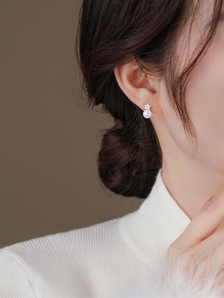Classy Sterling Silver Pearl Earrings for Women, High-End Star Studs, Exquisite Delicate Ear Accessories