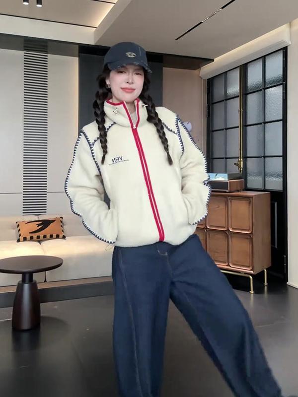 Color-Block Fleece Jacket for Women, Lamb Wool Coat, 2025 Winter Korean Style Lazy Chic Cardigan