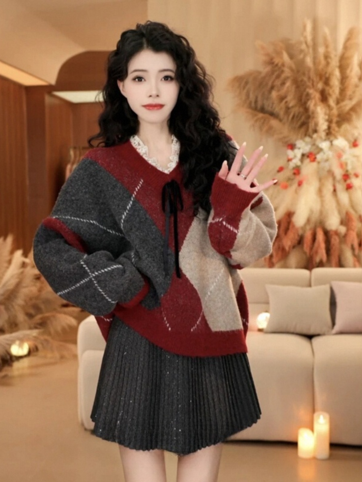 Color-Block Lace Spliced V-Neck Sweater for Women - Winter Knitted Top in New Year Atmosphere, Casual Lazy Style
