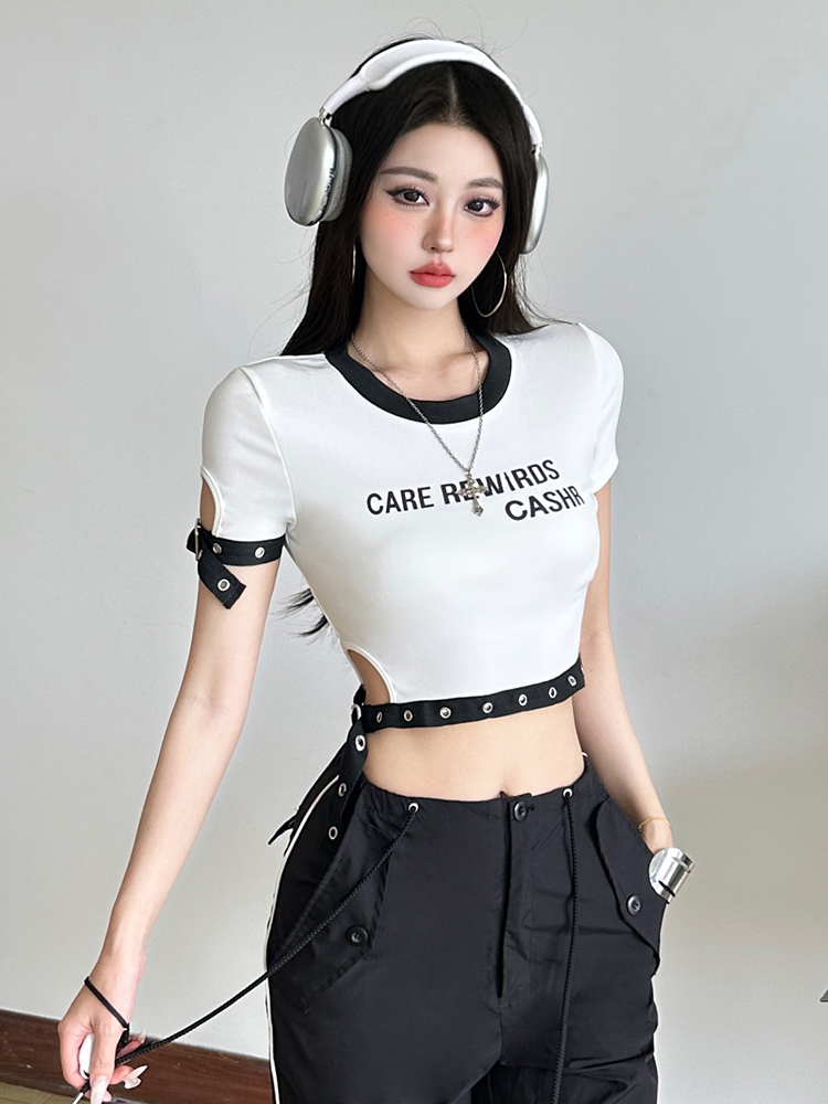 Color Block Spliced Letter Print Short Sleeve T-Shirt for Women - Eccentric Casual Style, Versatile Waist-Defined Top, Y2K Inspired