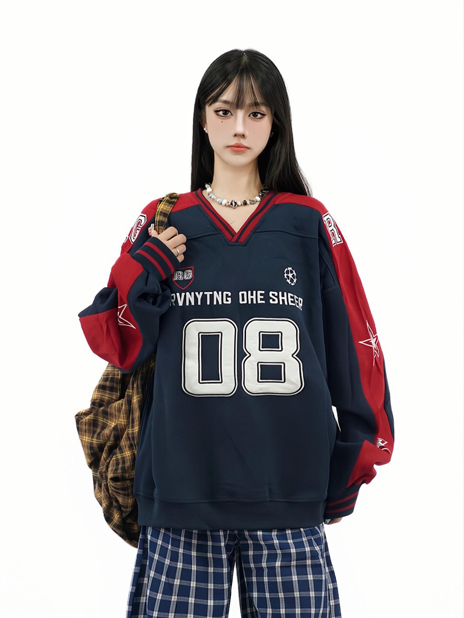 Color-Blocked Star Embroidered V-Neck Sweatshirt - American Retro Jersey Style, Heavyweight Autumn Top, Loose Fit, National Trend