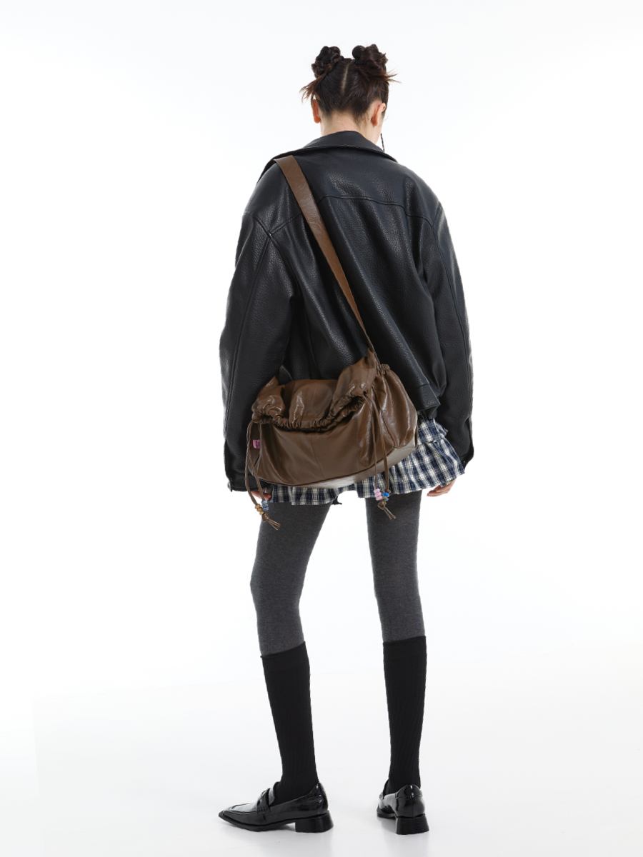Color-Blocking Natural Stone Drawstring Crossbody Bag - Soft Lazy Stacked Design for Casual Style