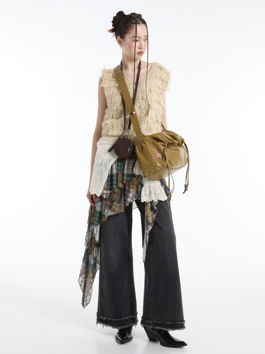 Color-Blocking Natural Stone Drawstring Crossbody Bag - Soft Stacked Lazy Style for Casual Outfits