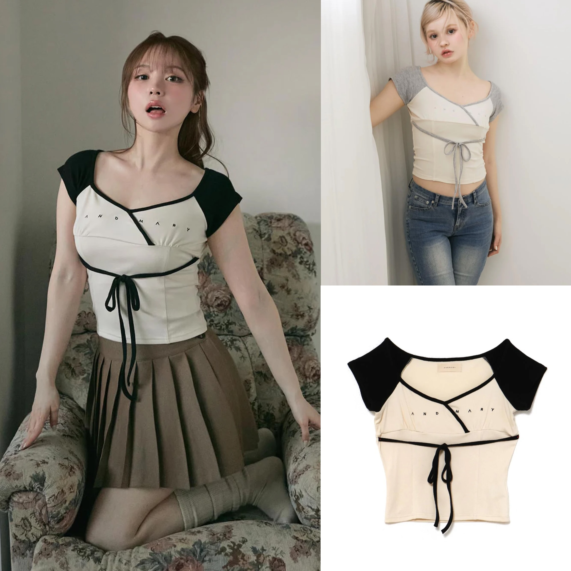 Color-Blocking Slim Fit Tie-Up Letter Embroidery Short Sleeve T-Shirt for Women - Summer 2025 Y2K Style