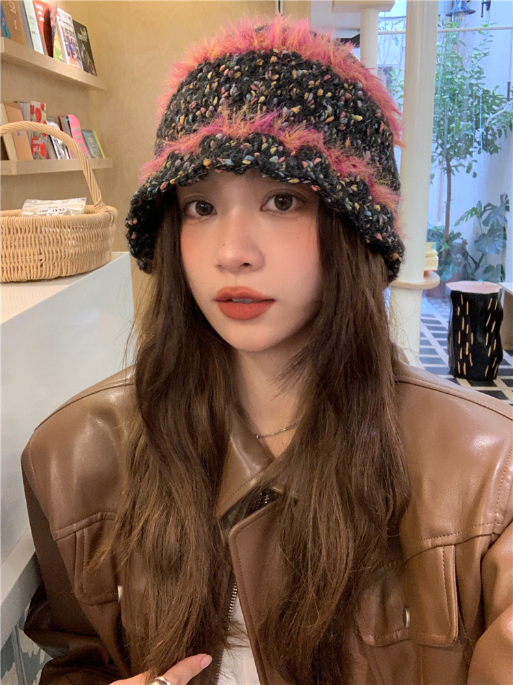 Colorful Dot Patchwork Furry Fisherman's Hat for Women | Warm Knitted Wool Bucket Hat | Winter Fashion Accessory