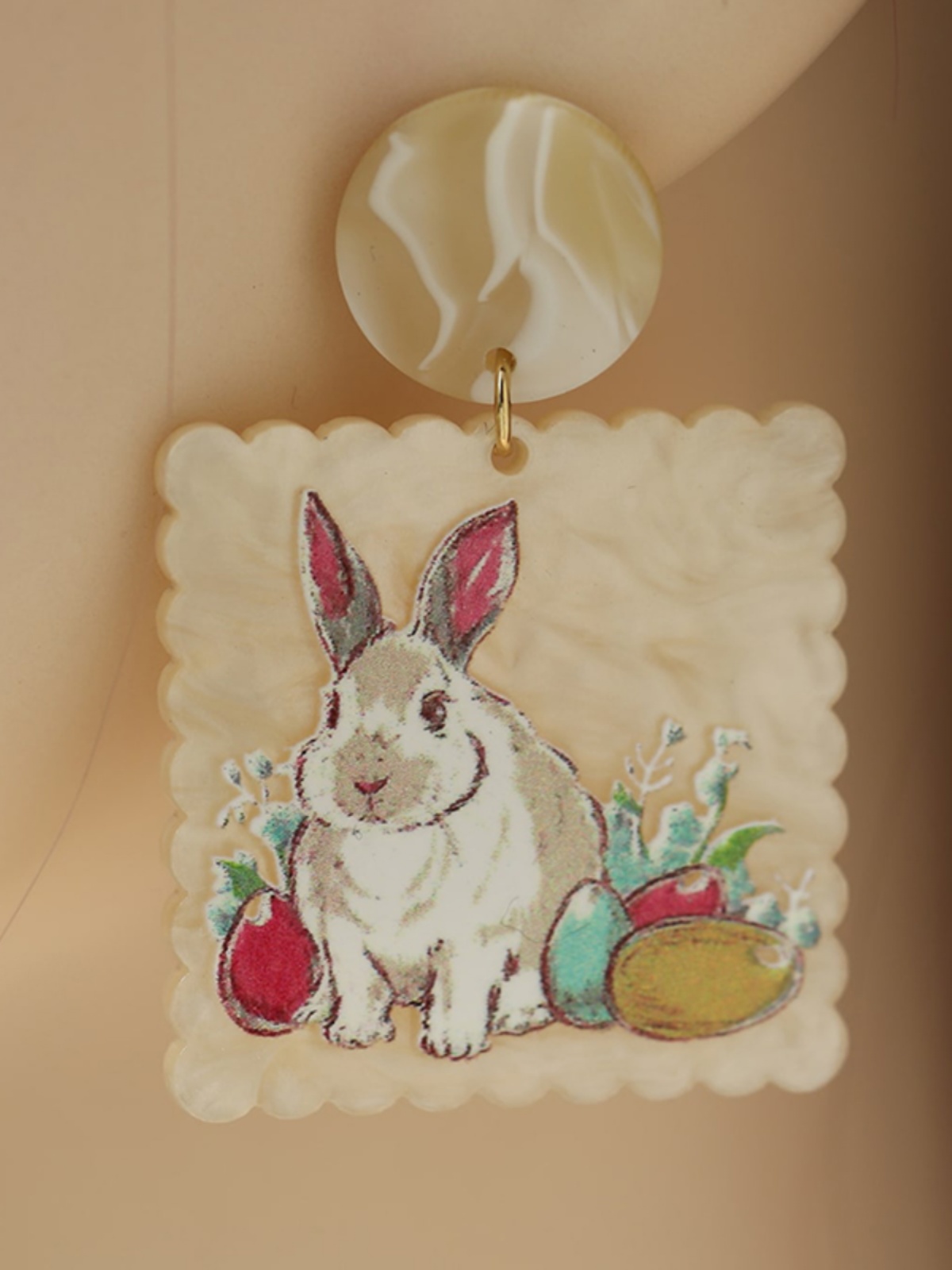 Colorful Geometric Rabbit Ear Pendant Earrings with Carrot Design â€“ Beige Easter-Inspired Square Jewelry Accessories