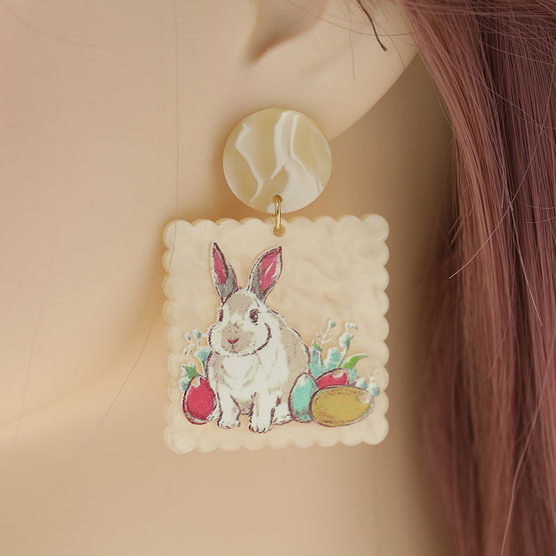 Colorful Geometric Rabbit Ear Pendant Earrings with Carrot Design â€“ Beige Easter-Inspired Square Jewelry Accessories
