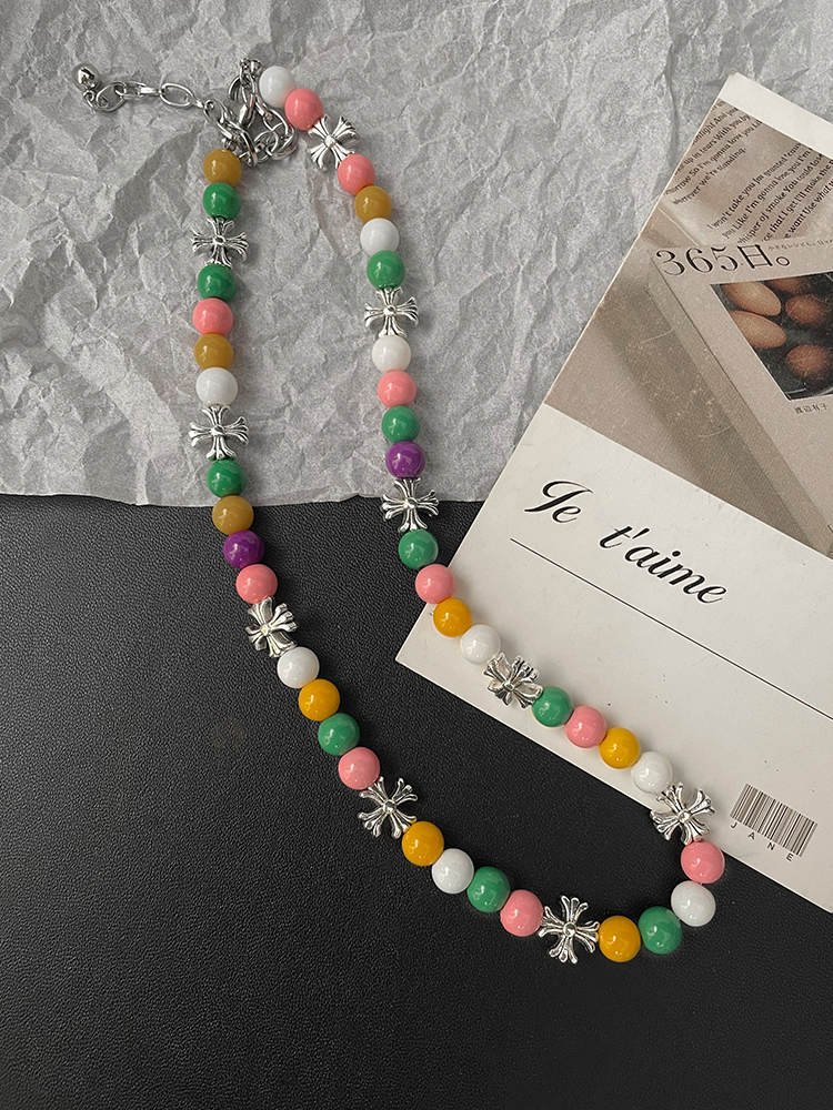Colorful Glass Bead Necklace for Women - Vintage High-End Clavicle Chain, Sweet Spicy Girl Cross Neck Jewelry