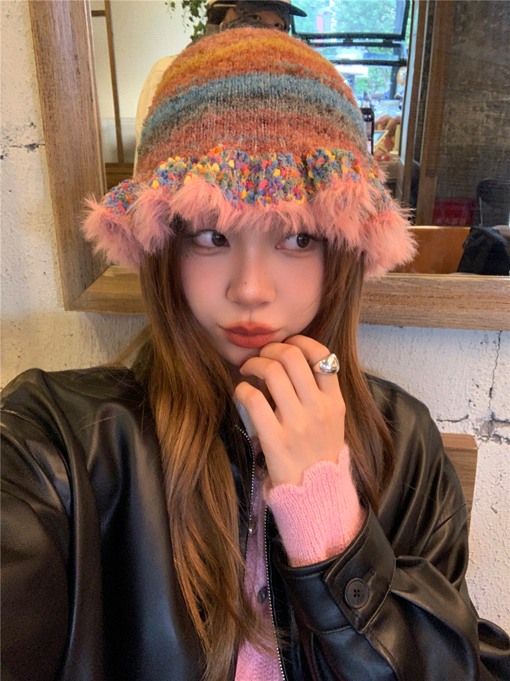 Colorful Heart Lace Edge Knitted Fisherman Hat for Women - Autumn Winter Woolen Bucket Hat, Trendy 90s Y2K Style