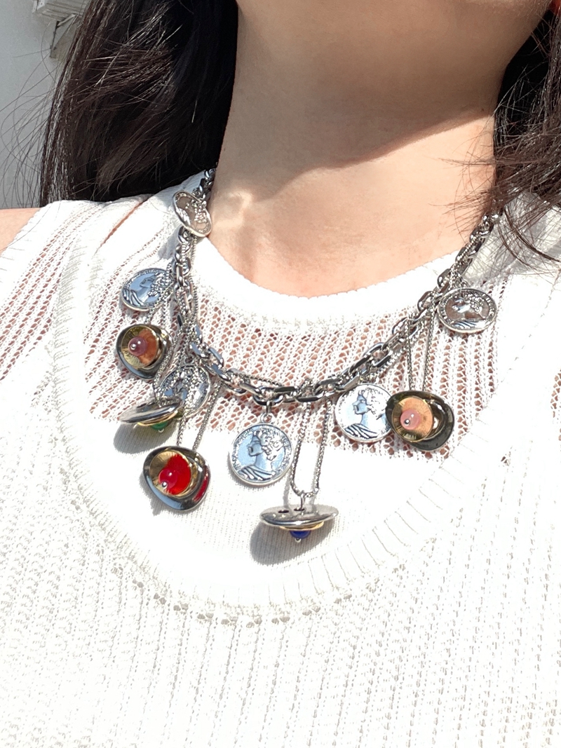 Colorful Heavy Industrial Retro Human Head Copper Pendant Necklace with Tassel Clavicle Chain â€“ European American Punk Style Jewelry