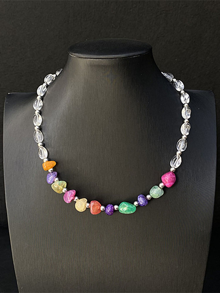 Colorful Natural Stone Beaded Summer Necklace for Women, Versatile Choker and Clavicle Chain, Light Luxury Accessory
