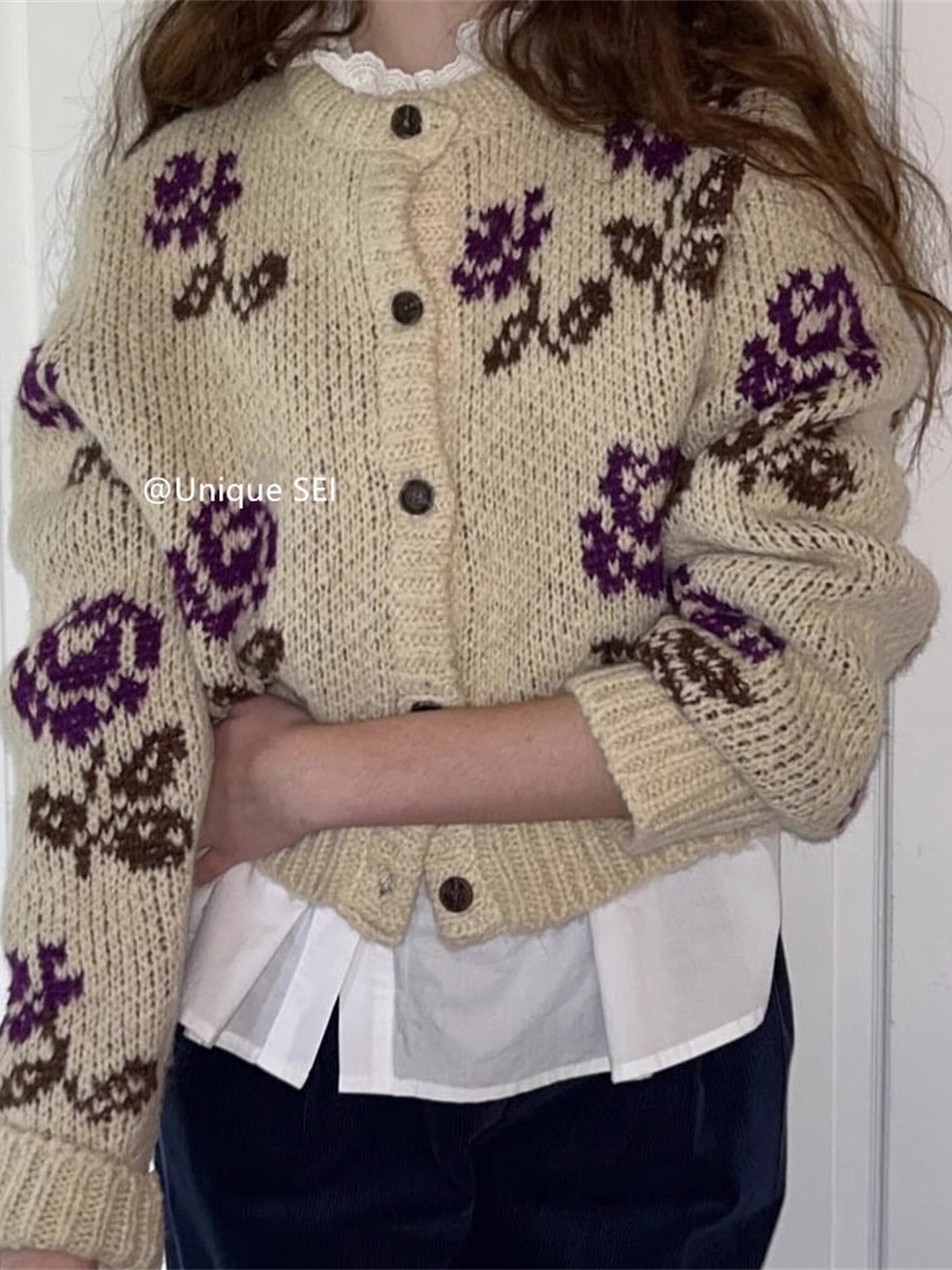 Colorful Rose Pattern Knitted Cardigan Sweater - Casual Versatile Autumn Winter Layering Piece, Street Style Fashion