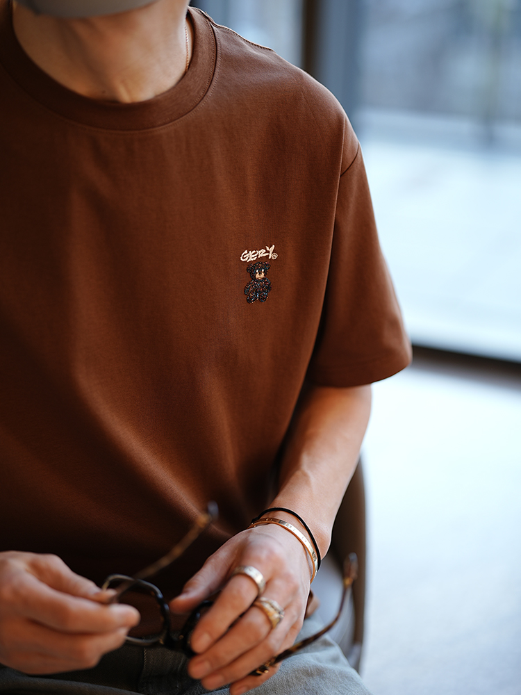 Colorful Woven Bear Embroidered Short-Sleeve T-Shirt for Men - Korean Style Spring/Summer Trendy Round Neck Top