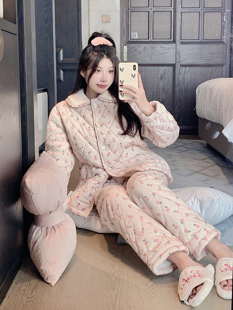 Cozy Coral Fleece Pajamas for Women, Three-Layer Quilted Warm Loungewear Set, Cute Design for Indoor and Outdoor Wear