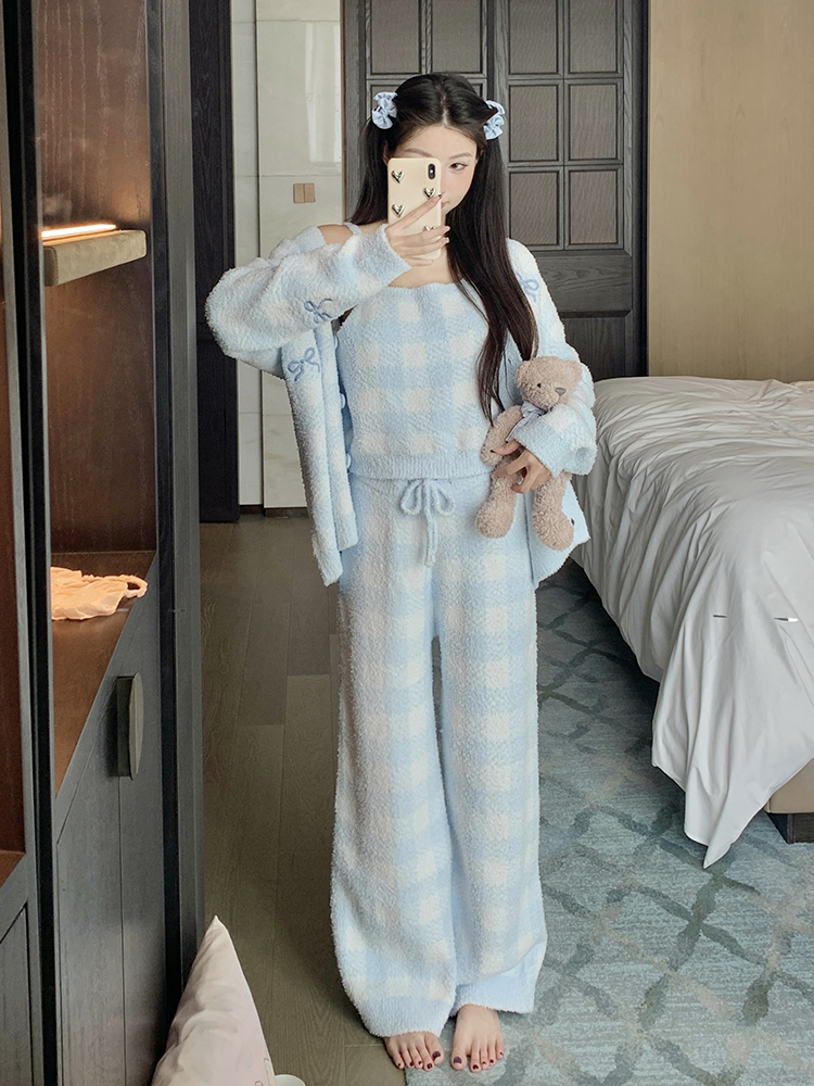 Cozy Coral Fleece Three-Piece Velvet Pajama Set for Women, Thick Autumn Winter Homewear, Cute 2025 Style