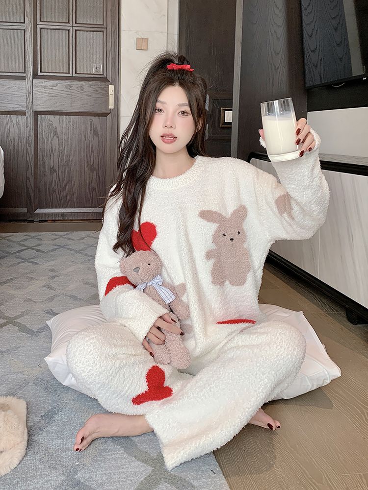 Cozy Women's Coral Fleece Pajamas Set - Cute Half-Side Rabbit Design for Autumn Winter Homewear, Thickened Comfort