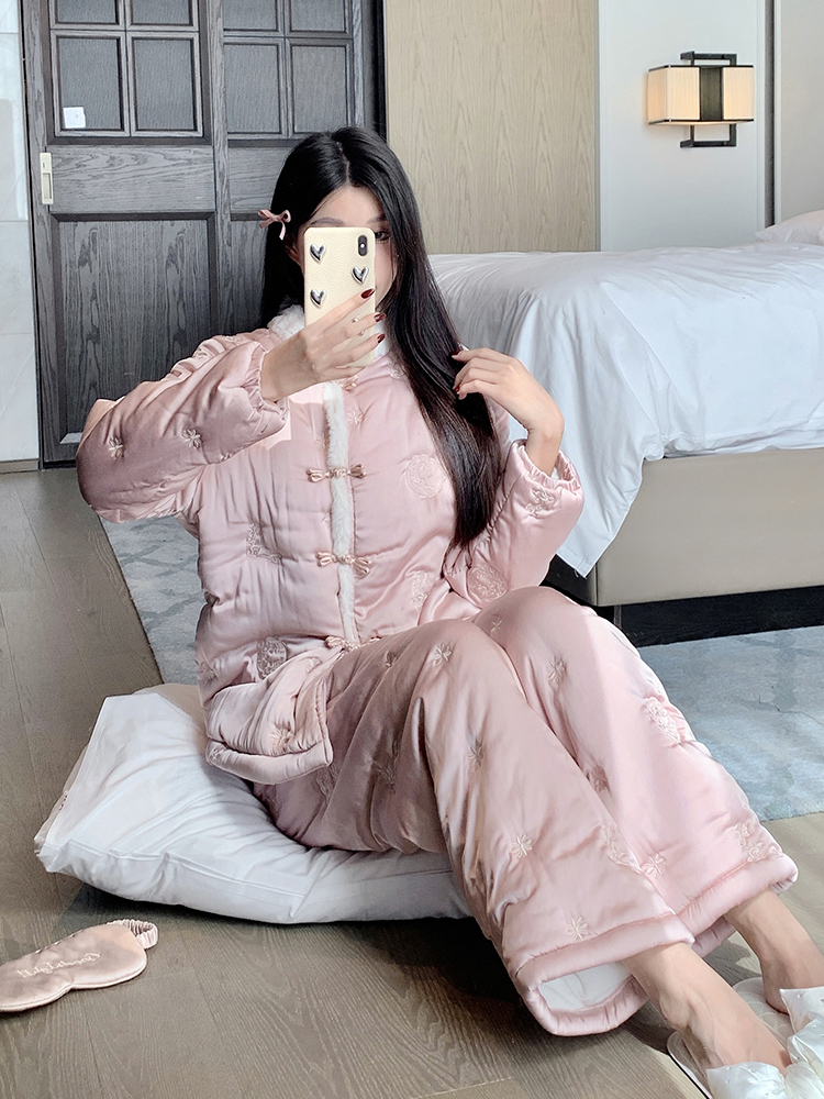 Cozy Women's Pajamas Set - Embroidered Coral Fleece, Three-Layer Cotton-Padded, Thickened National Style for Autumn and Winter Homewear