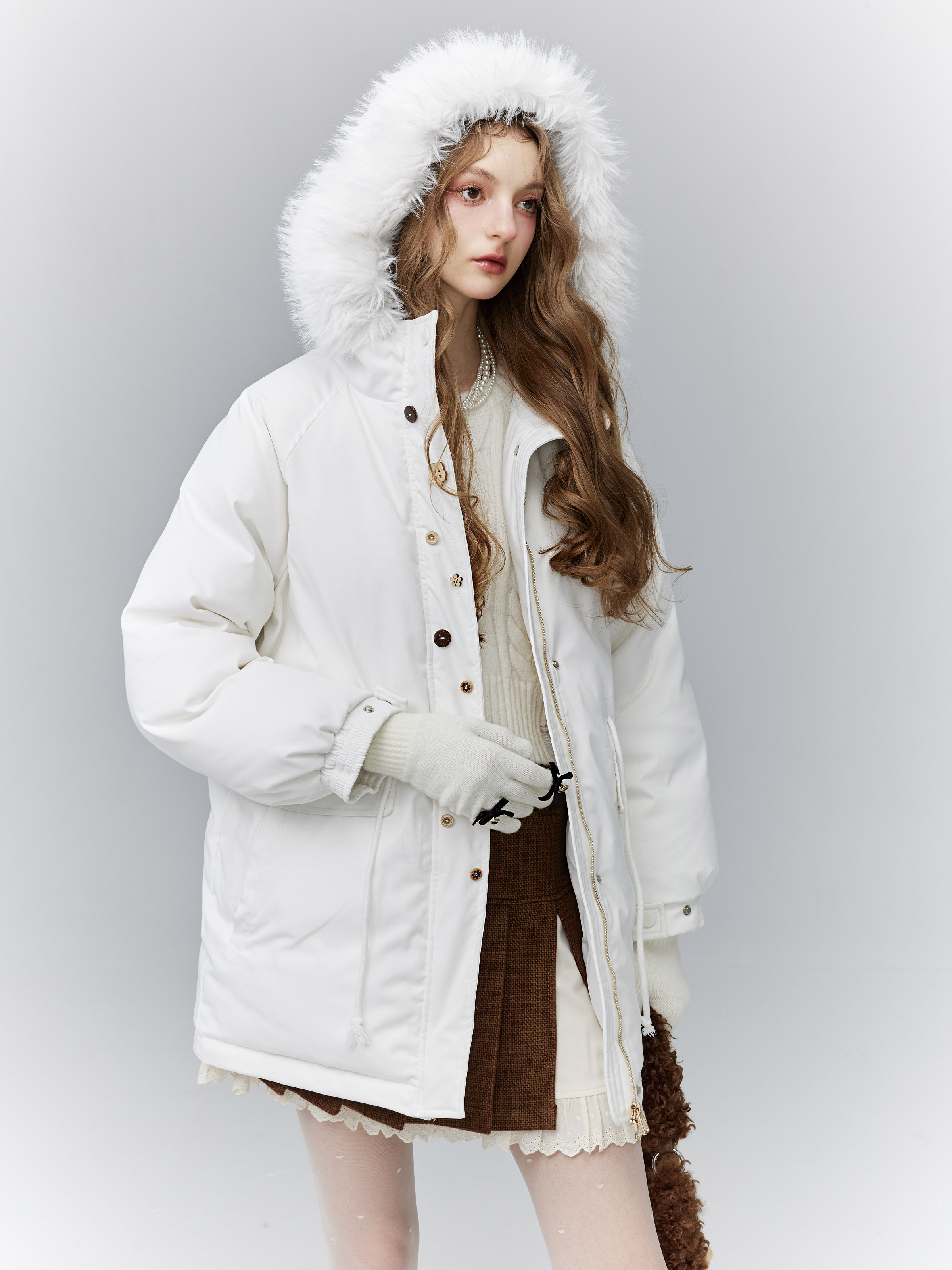 Cream 90s Down Warm Commuter Mid-Length Hooded Jacket for Winter - Cozy & Stylish Outerwear